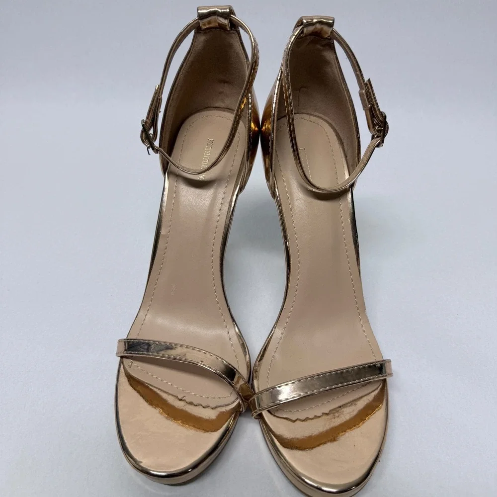 PrettyLittleThing Rose Gold Metallic Ankle Strap Stiletto Platform Sandals Sz 6